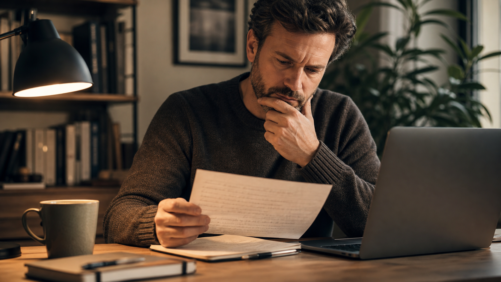 Writer reviewing their own notes before setting up AI writing preferences on a laptop