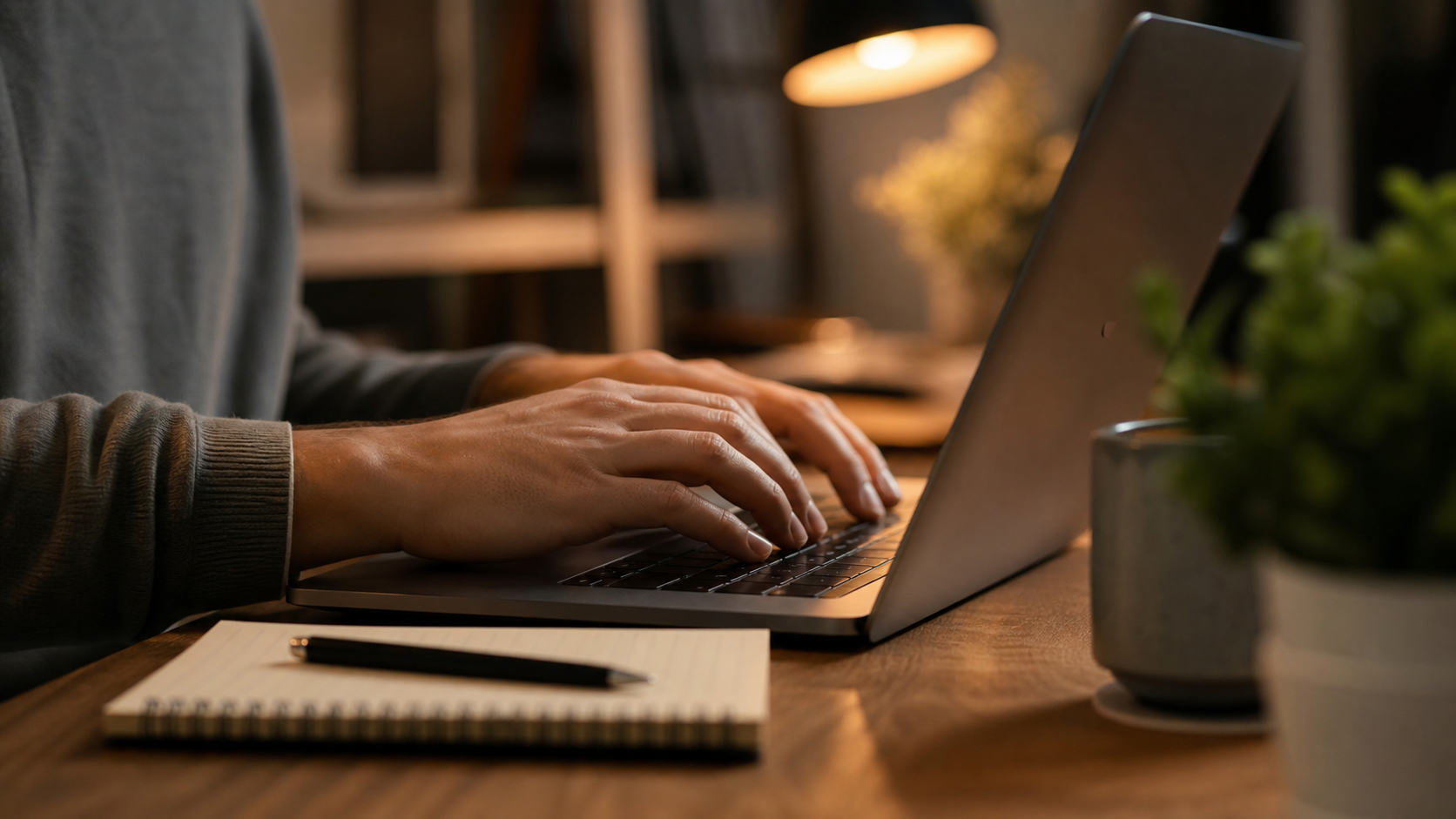 writer reviewing text on a laptop screen in a calm workspace, deliberate focus, warm ambient light, 4K cinematic