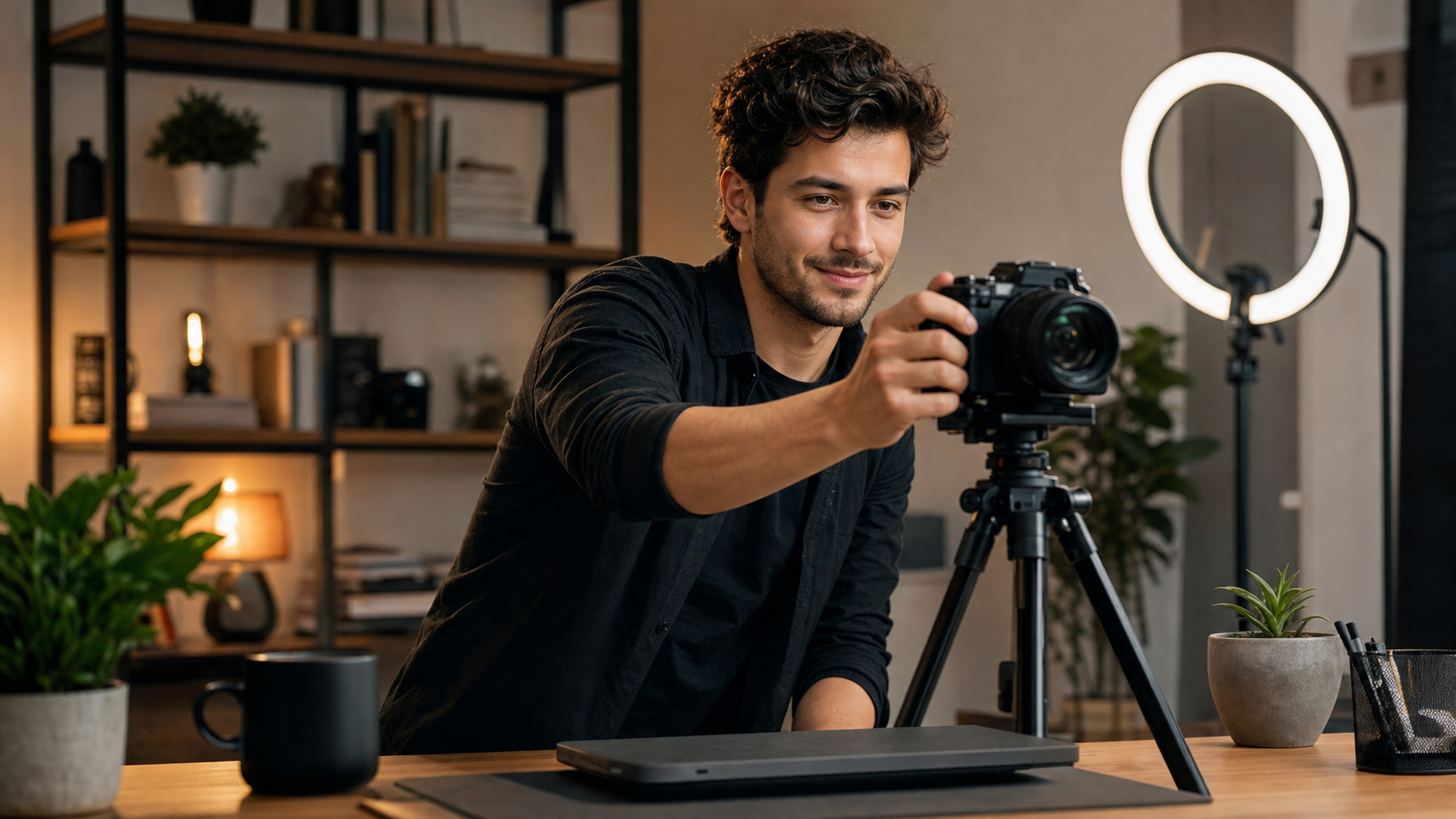 confident YouTube creator setting up a camera in a clean home studio, ready to film
