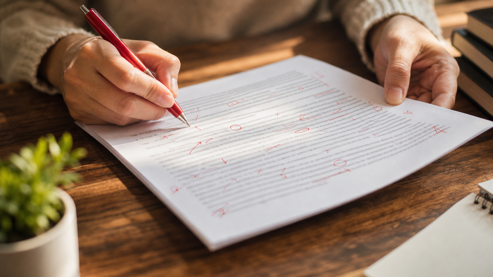 close-up of hands reviewing printed text with a pen on a wooden desk
