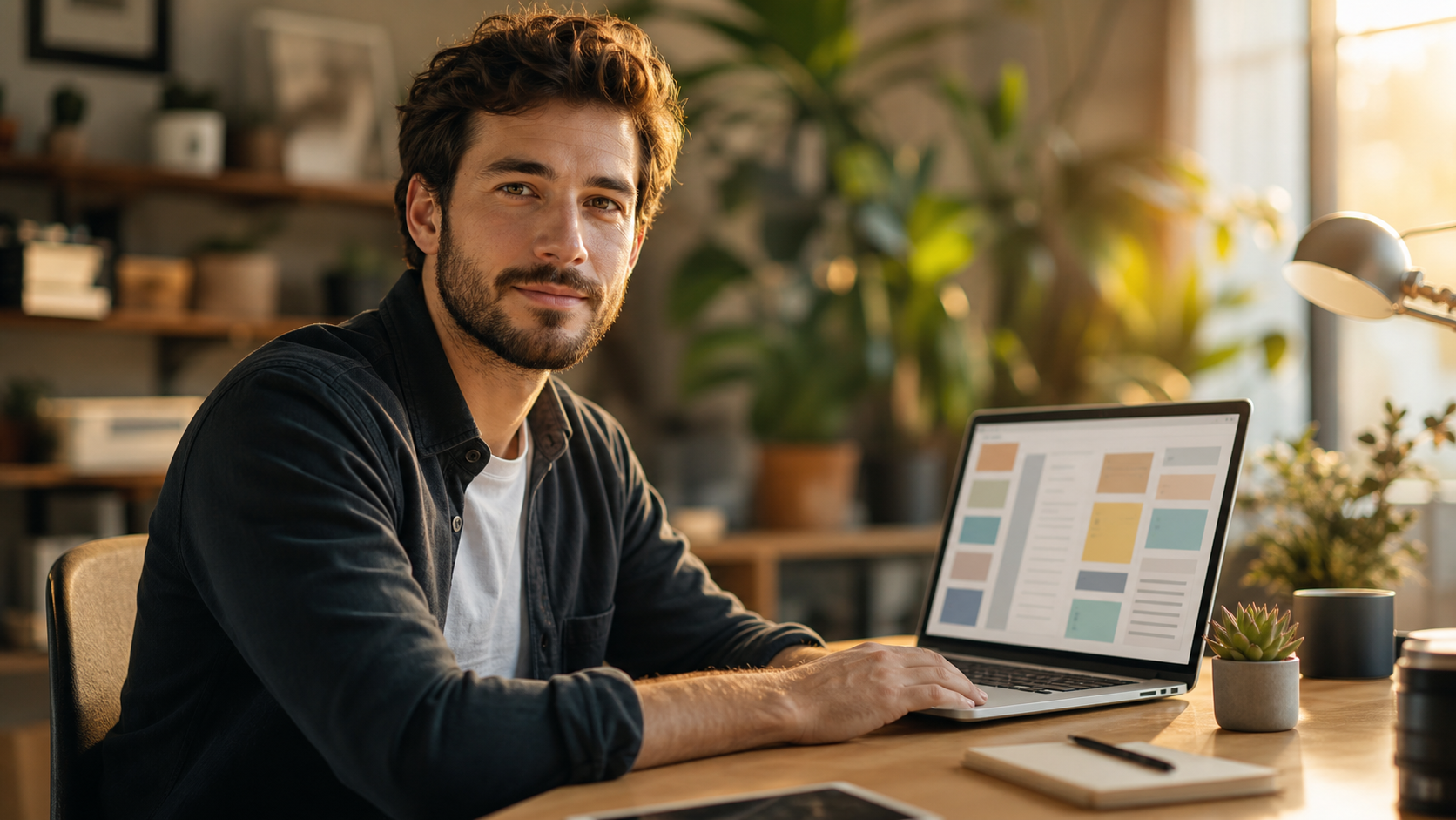 clean workspace with laptop displaying well-organized document, confident professional, warm light cinematic