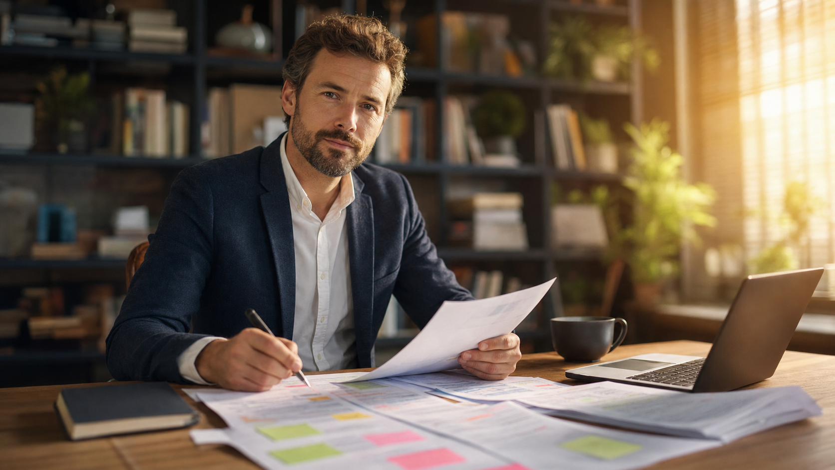 professional reviewing printed research notes at a desk with organized papers and a laptop, warm afternoon light, confident expression, 4K cinematic
