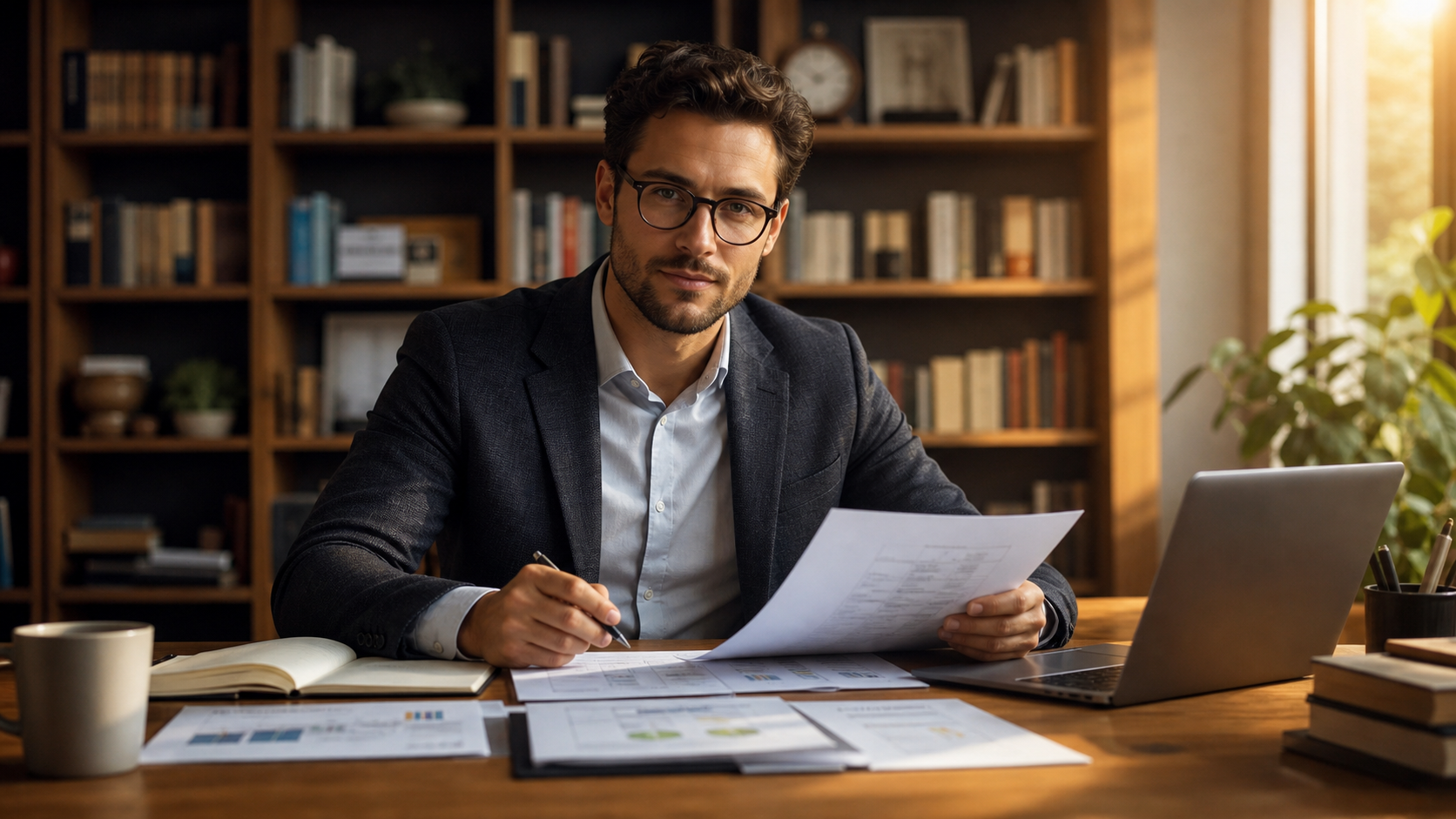 confident professional reviewing research notes at a desk with warm natural light, organized documents visible