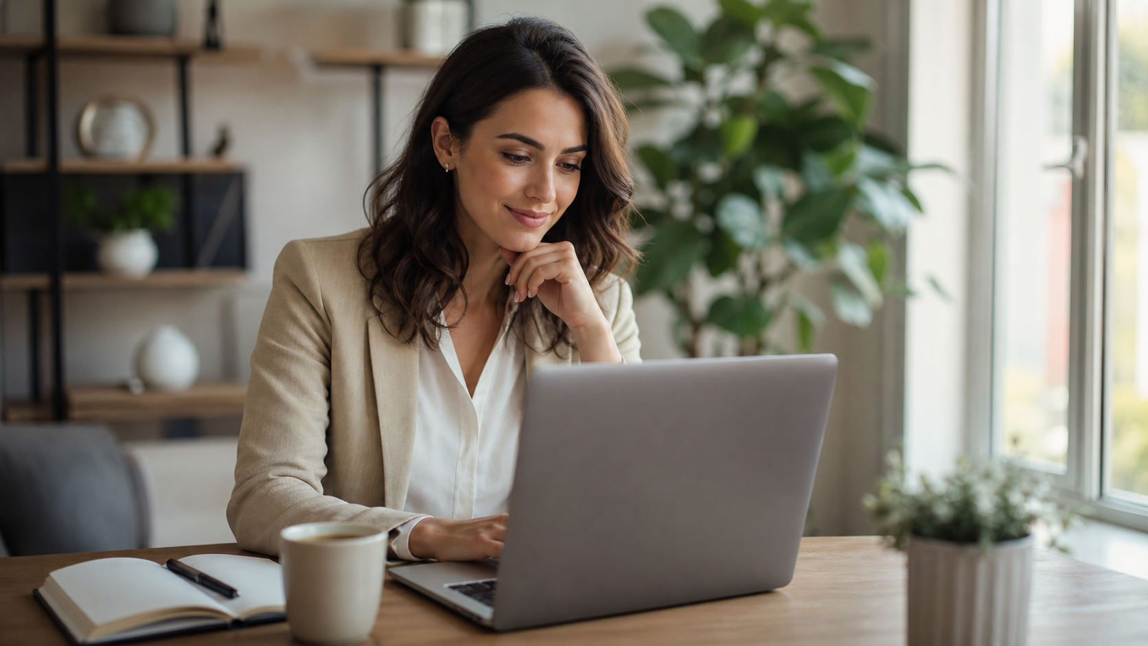 professional reviewing a well-structured document output from an AI tool on a laptop, natural light workspace
