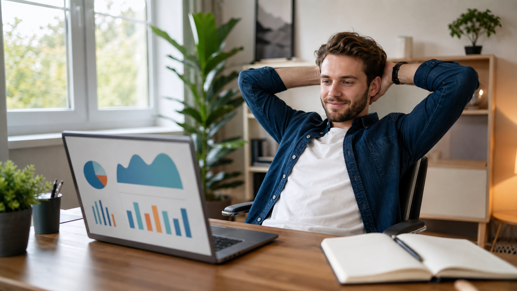 confident blogger reviewing analytics dashboard on laptop screen in bright modern workspace