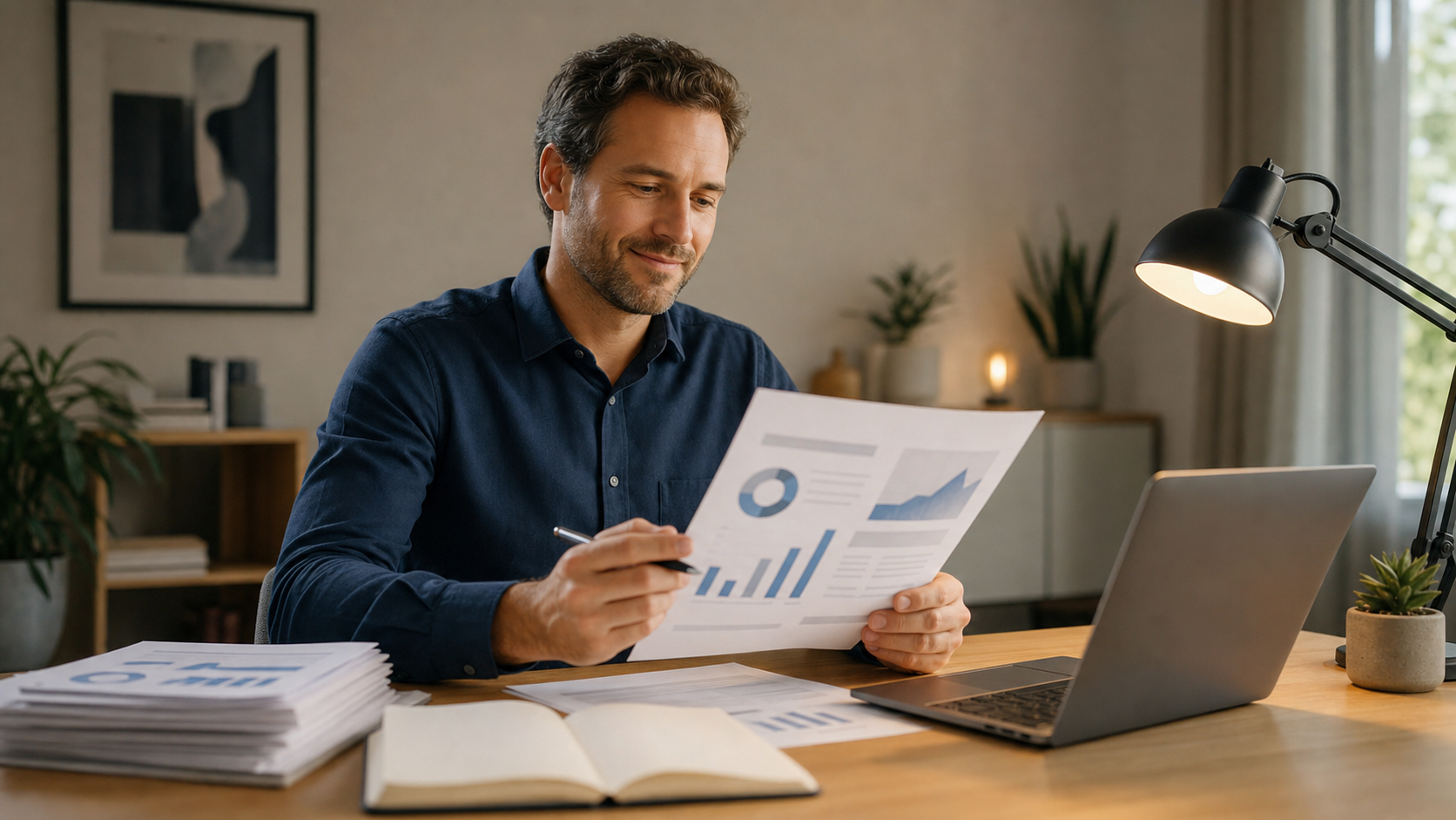 professional reviewing a polished business report on a laptop at a clean desk