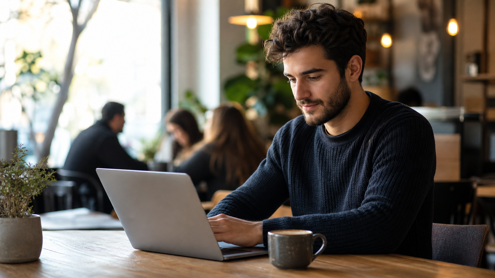 person working confidently at a coffee shop with a laptop, AI workflow in action