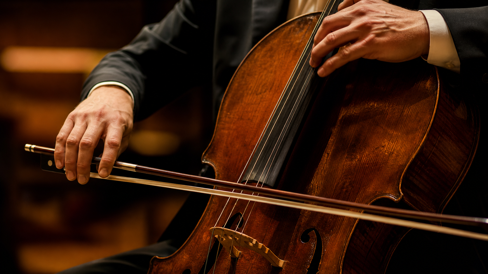 person playing cello close-up, warm studio lighting, cinematic, 4K, no text