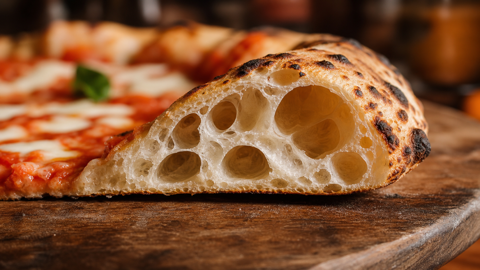finished Neapolitan pizza with an airy blistered crust on a wooden board, photorealistic 4K