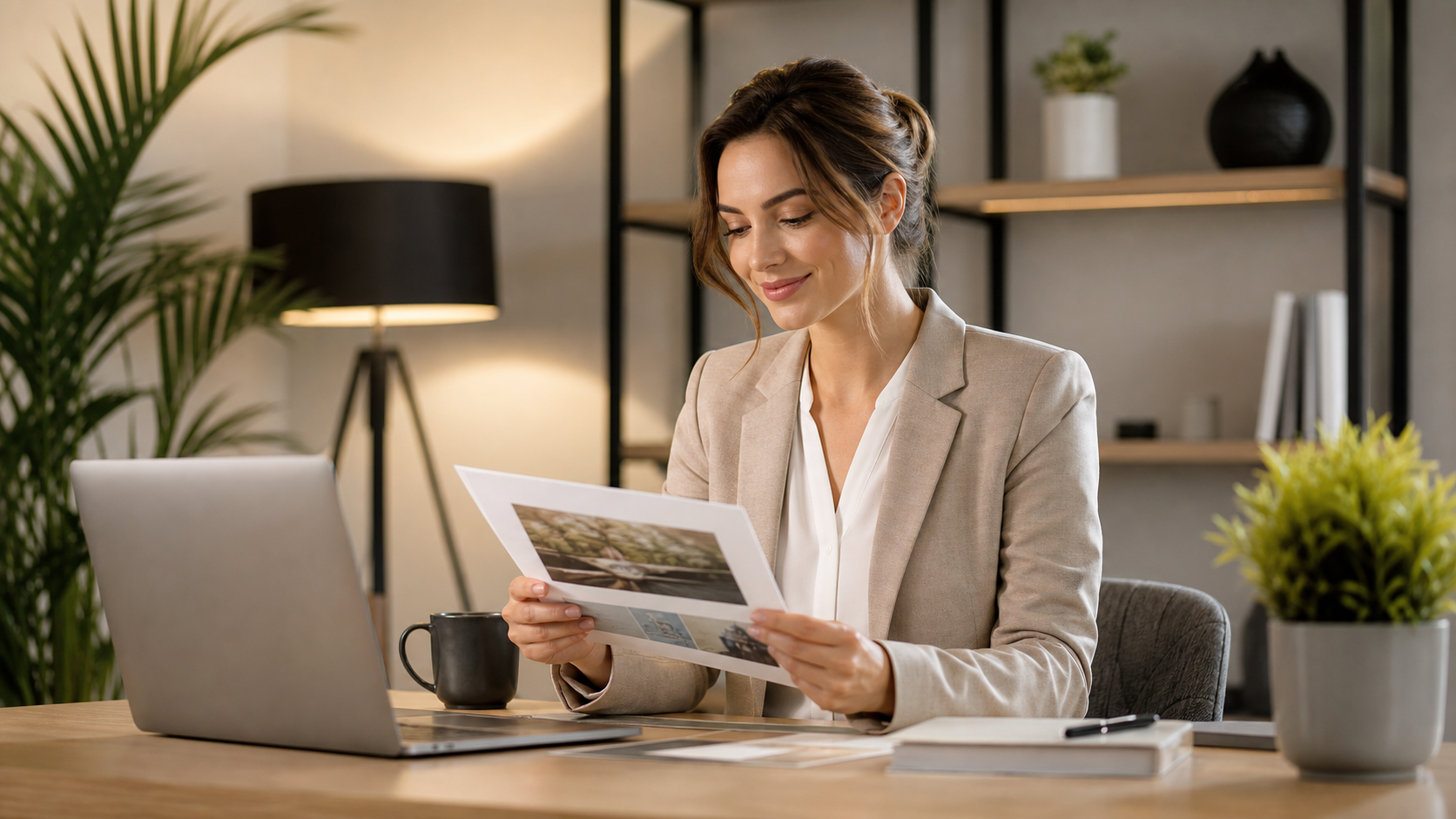 person reviewing a well-organized document on a laptop, focused professional environment, polished output
