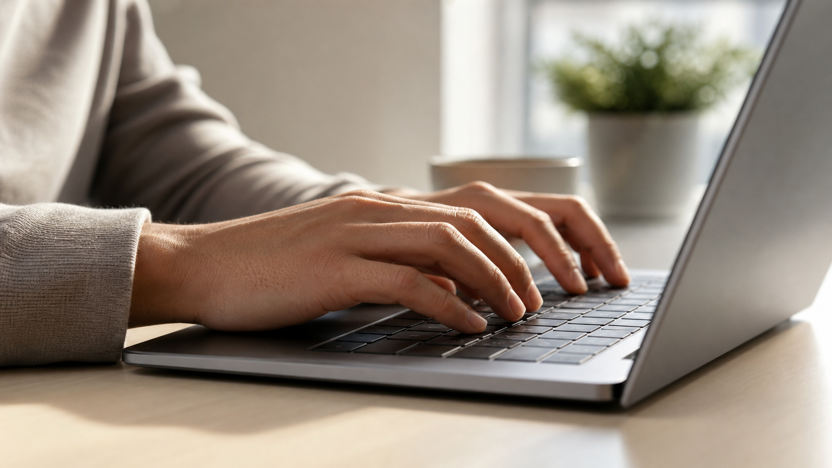 close-up of hands typing on a laptop keyboard in soft natural light — applying prompt engineering at a desk