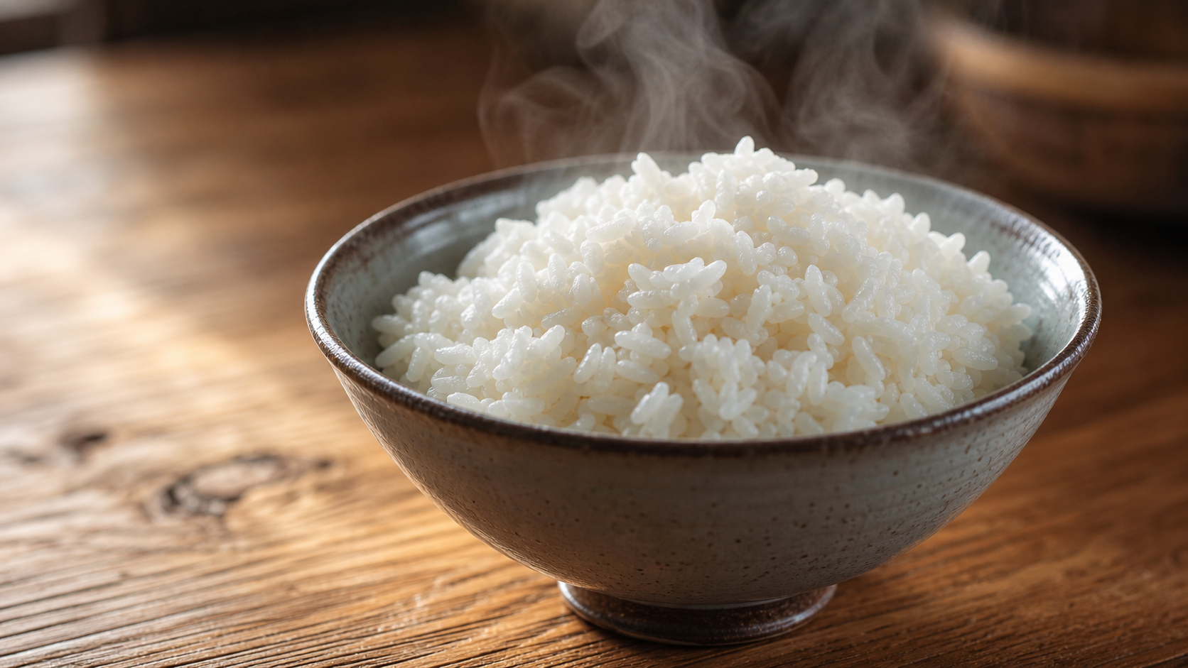 a bowl of perfectly cooked fluffy white rice on a wooden table, warm natural light, 4K photorealistic
