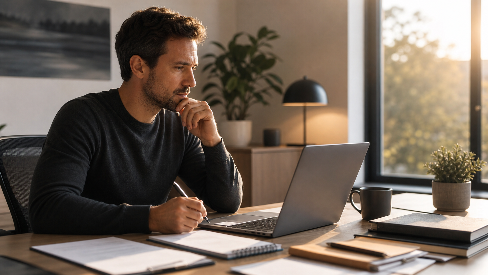 focused professional reviewing structured AI output on a laptop, organized workspace with notes, cinematic 4K