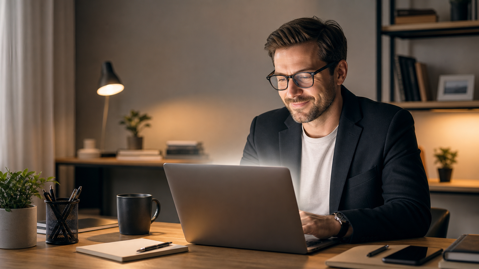 professional confidently reviewing completed AI-assisted work on a laptop at a clean modern desk, warm professional lighting, 4K cinematic