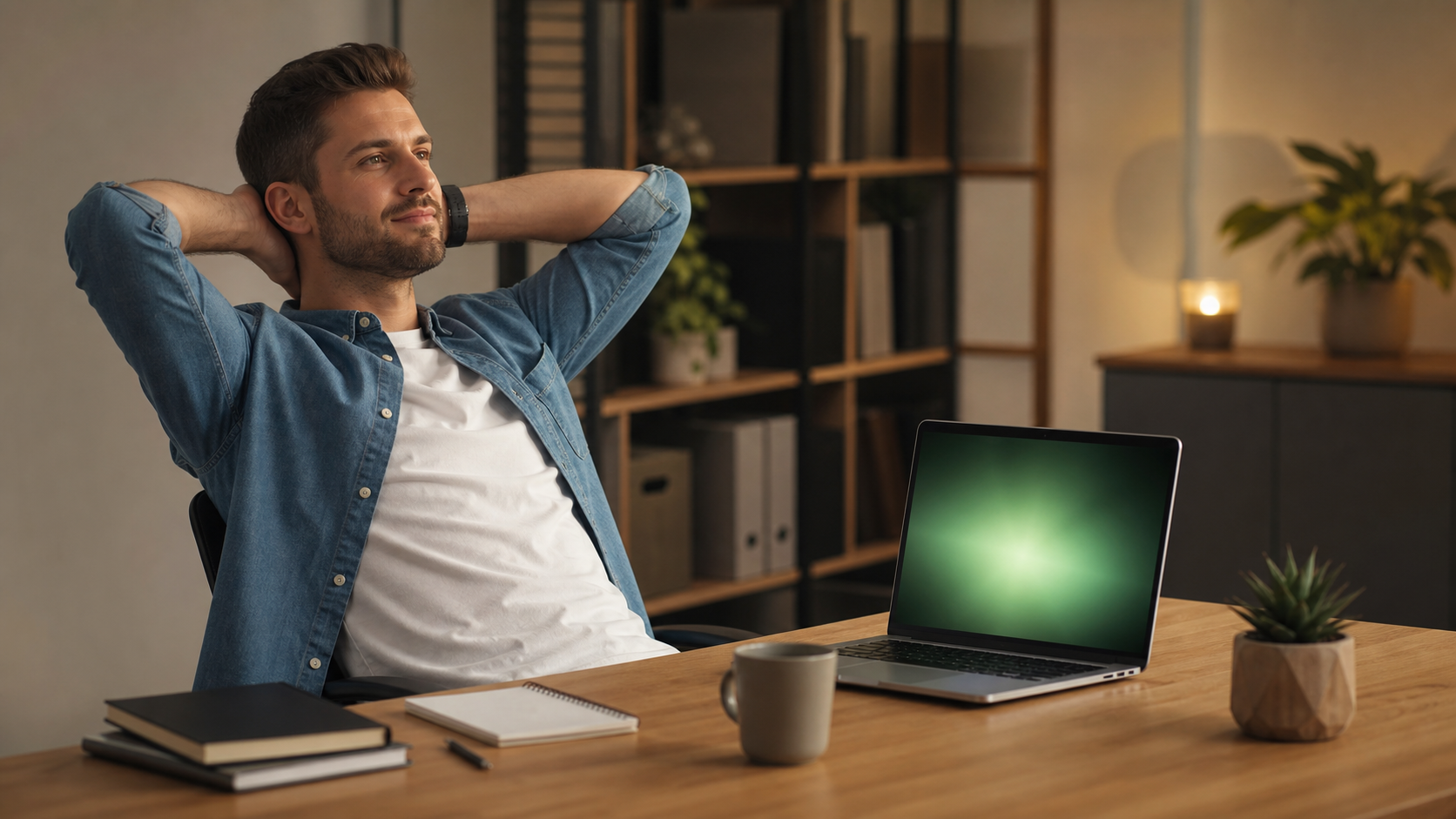 professional calmly reviewing completed AI agent task on a laptop, modern desk, clean workspace, natural light