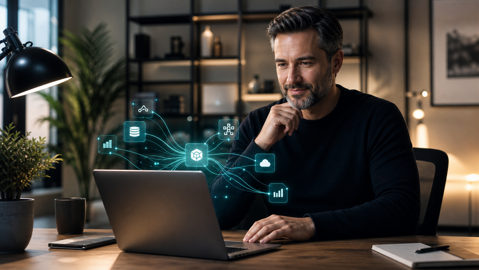 professional calmly reviewing a connected AI workflow on a laptop, satisfied expression, modern minimal workspace, 4K cinematic