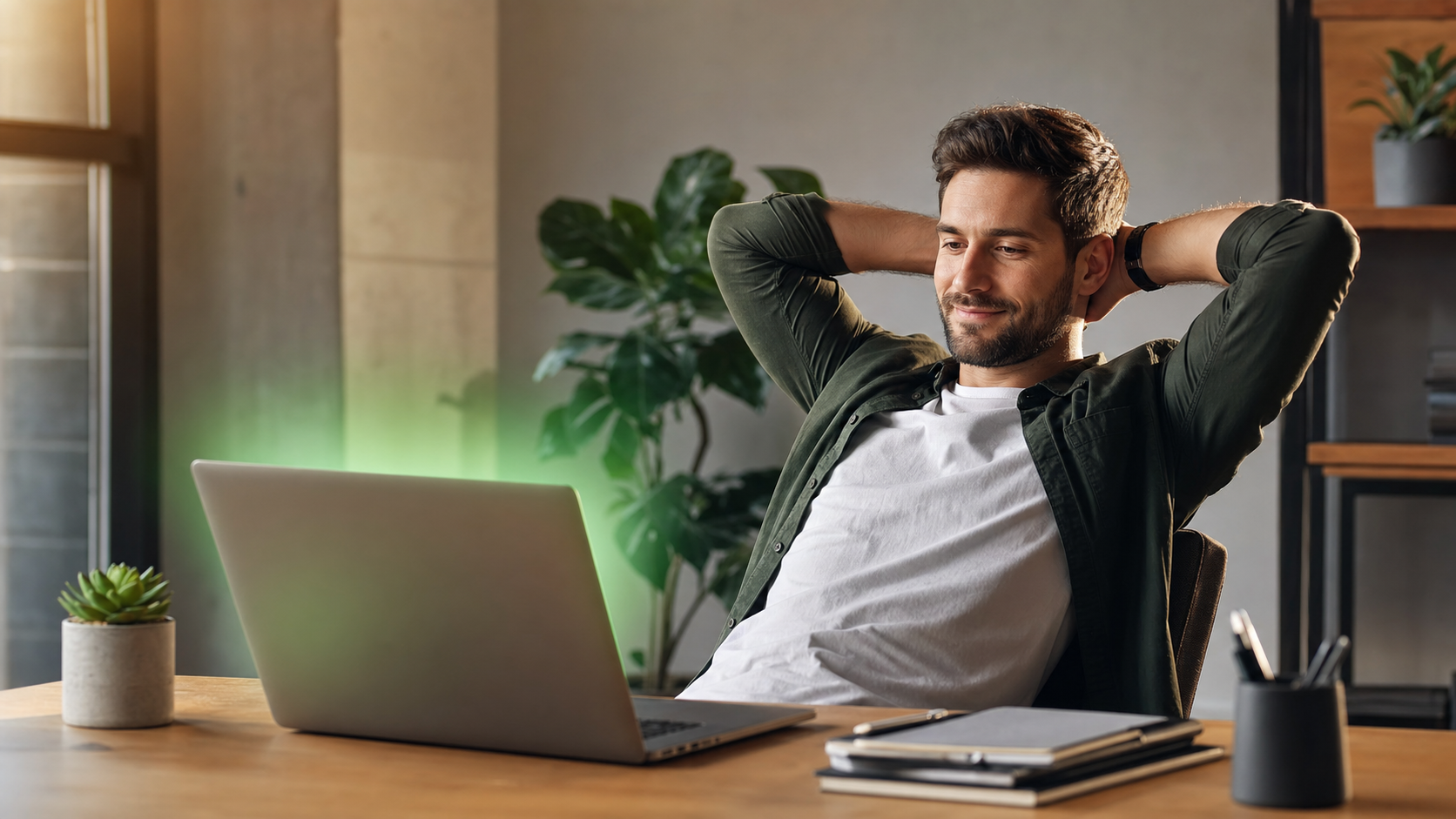 professional at a modern desk reviewing information on a laptop, calm productive expression, warm afternoon natural lighting, cinematic 4K