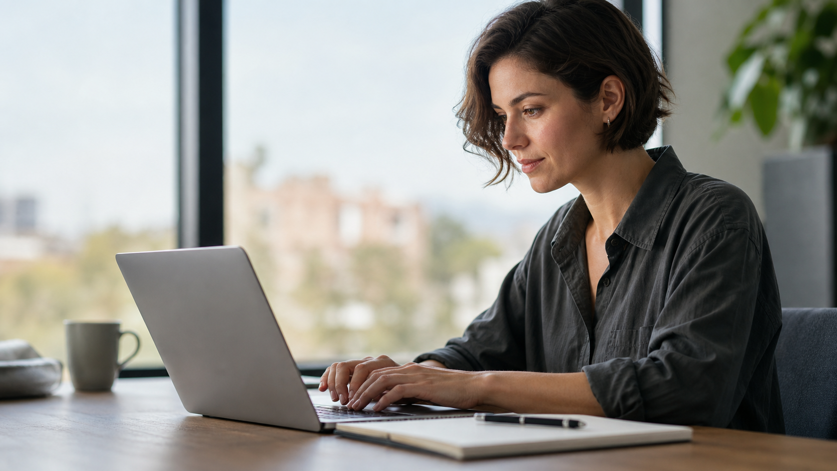 focused professional working efficiently at a clean modern desk with a laptop and organized notes, calm productive atmosphere, cinematic 4K