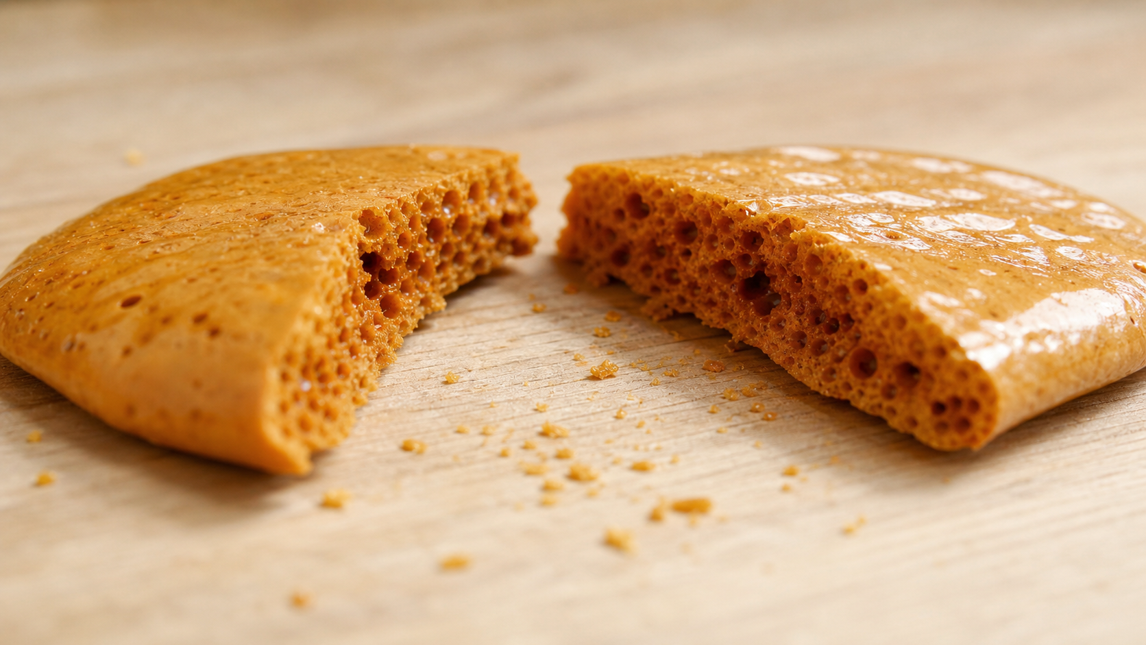dalgona candy broken cleanly in half revealing the golden honeycomb interior, cross-section visible, warm studio light, photorealistic 4K
