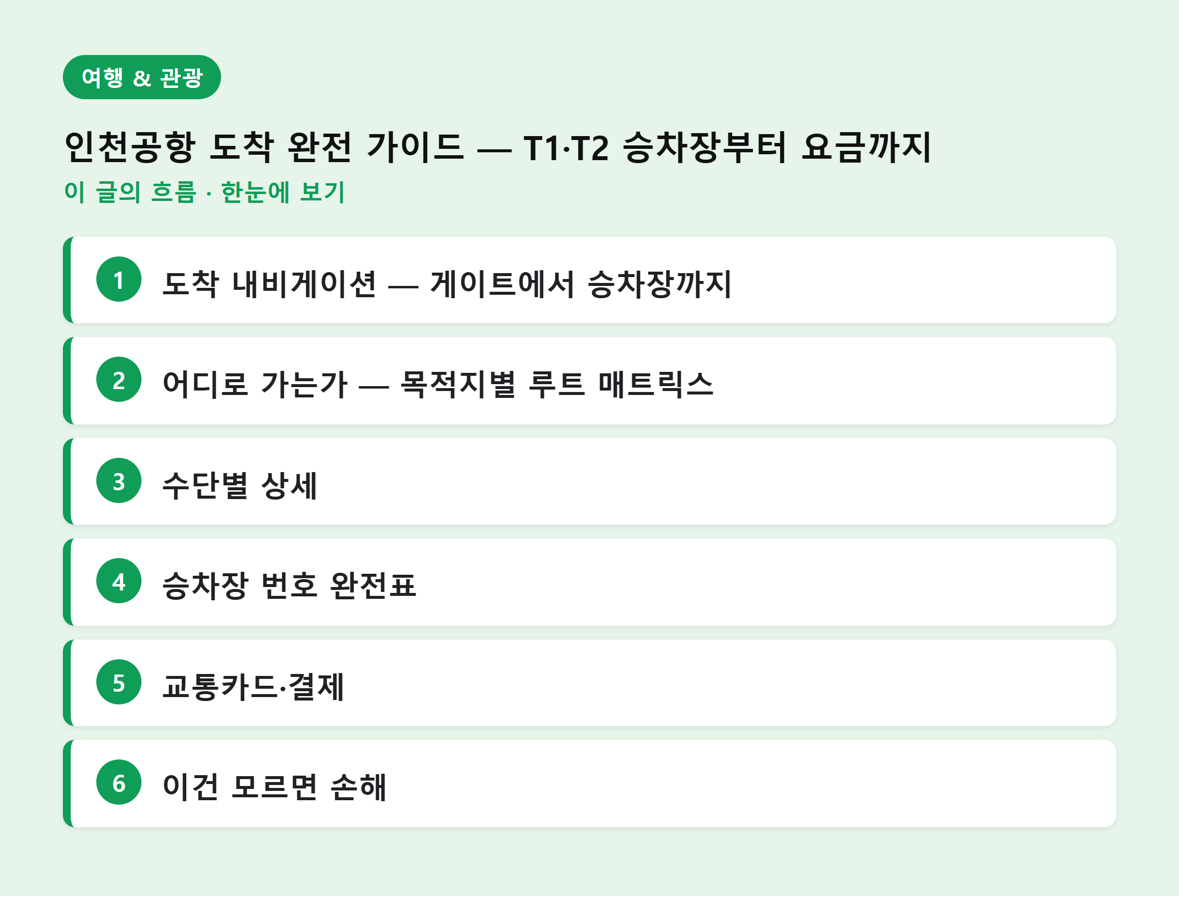 인천공항 도착 완전 가이드 — T1·T2 승차장부터 요금까지 — 이 글의 흐름