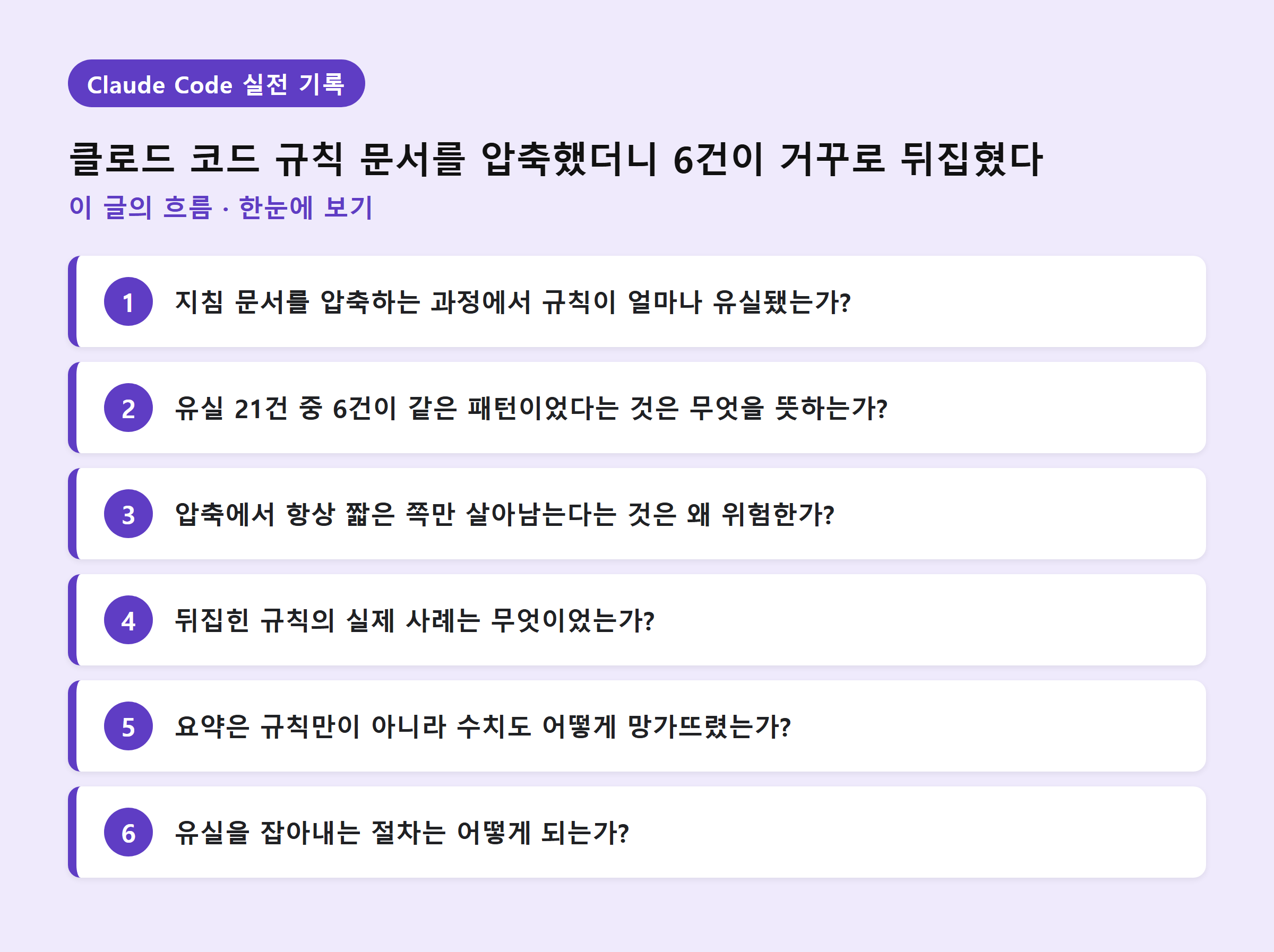 클로드 코드 규칙 문서를 압축했더니 6건이 거꾸로 뒤집혔다 — 이 글의 흐름