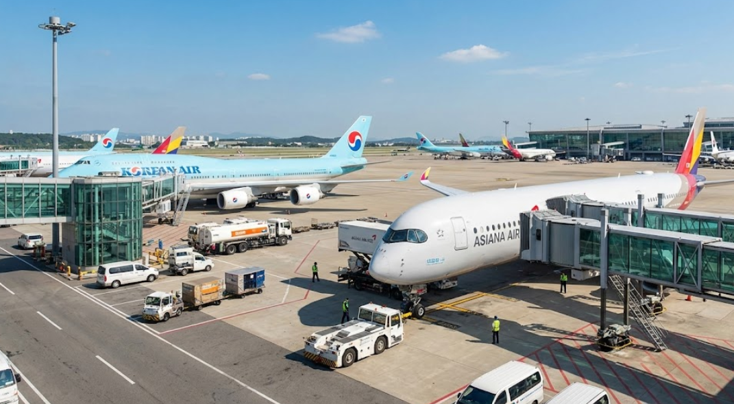 인천공항 항공기 계류장 - 대한항공과 아시아나 항공기들이 게이트에 주기된 모습