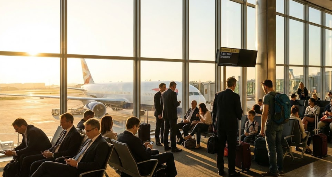 아침 골든타임 시간대 공항 출발 게이트 - 탑승객들이 대기 중인 모습