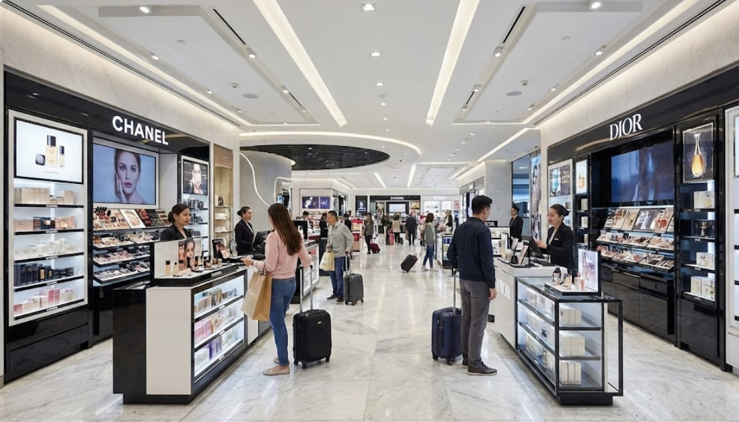 면세점 매장 내부 - 다양한 명품 브랜드 제품들이 진열된 모습